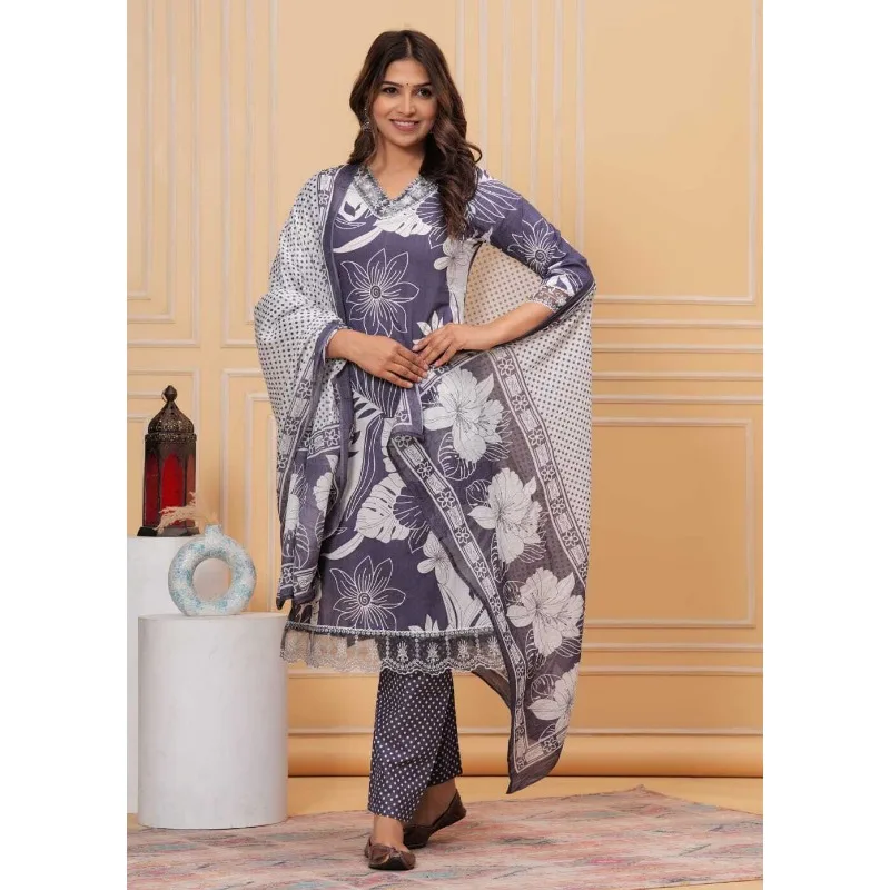 

Cotton Fabric Straight Printed Salwar Kameez Kurti Pant & Dupatta Partywear Set