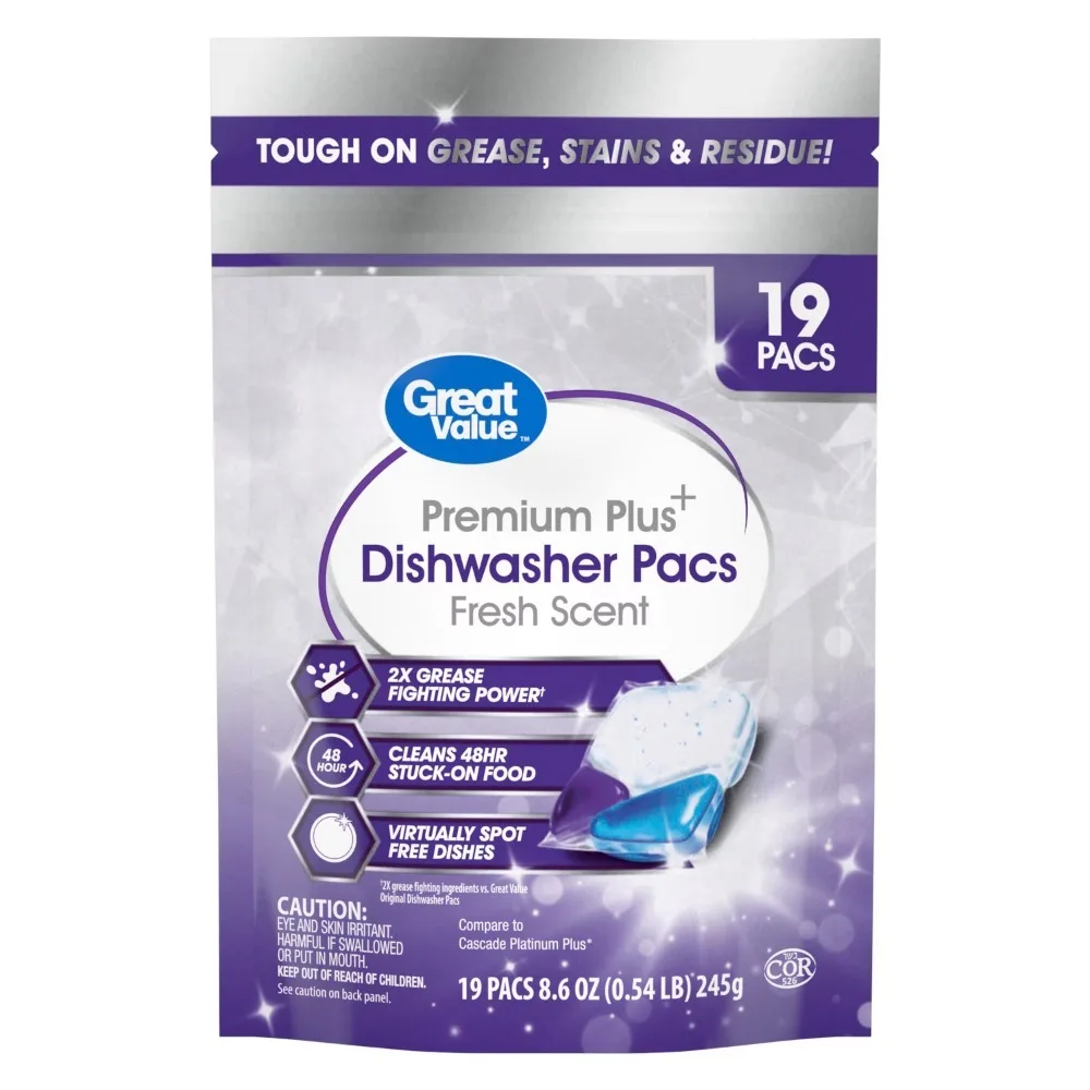 Great Value Premium Plus Dishwasher Pacs, Fresh Scent, 19 Count