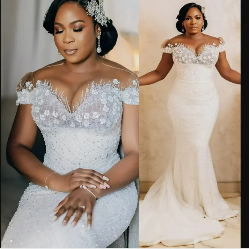 

Customized Sheer Neck Sparkly Crystals Beads Arabic Plus Size Wedding Dress Vestidos De Novia Cap Sleeves Luxury Bridal Gown