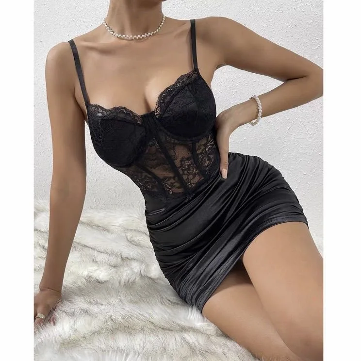 300 pounds plus size fat mm black European and American sexy lace see-through stitching cut-out slim slip dress short skirt