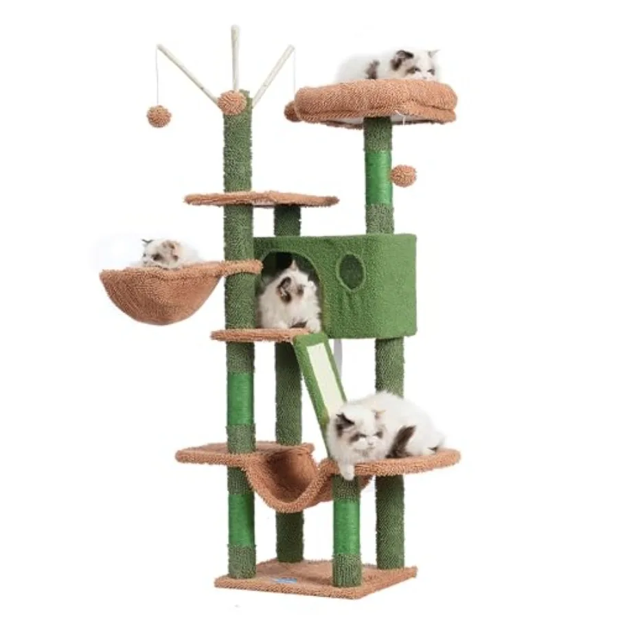 

53 inch Cat Tree for Indoor Cats Cactus MPJ019SCA with Padded Platform Bed Toy Balls Large Cozy Condo Hammocks and Sisal Scratc