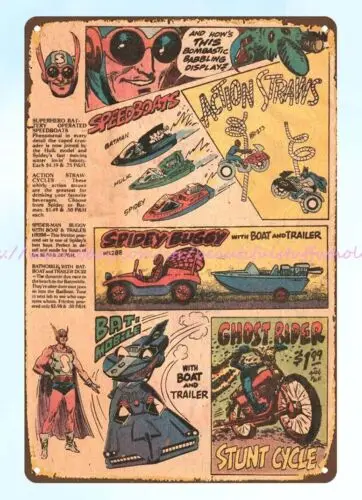 1979 Ahi Rider Stunt Cycle Boat Trailer comic ad metal tin sign