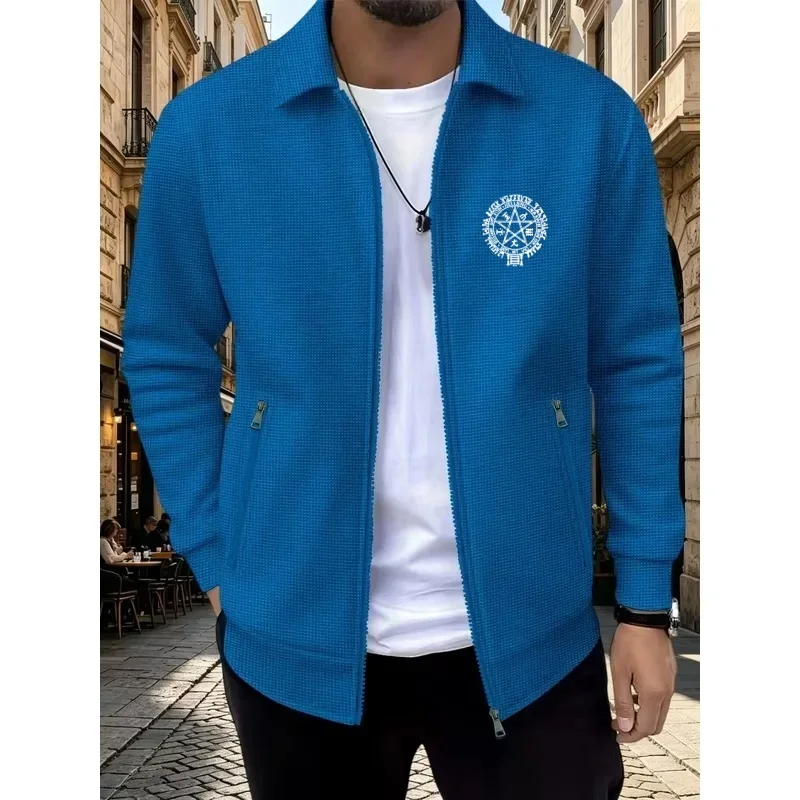 Men's Stand Collar ZipUp Jacket with Five-Pointed Star Mysterious Symbol Print Mesh Texture Casual Coat LongSleeved Street Style