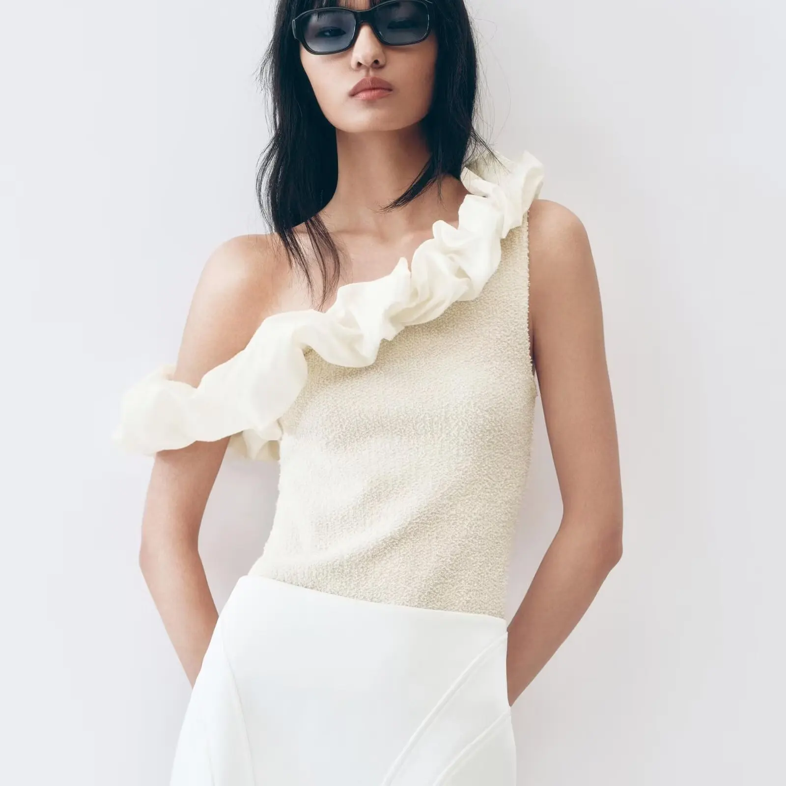 Asymmetric Circle Yarn Top Women's Fashion Versatile ZR Wind New Arrival T-Shirt Polyester Fabric Sleeveless Short Length