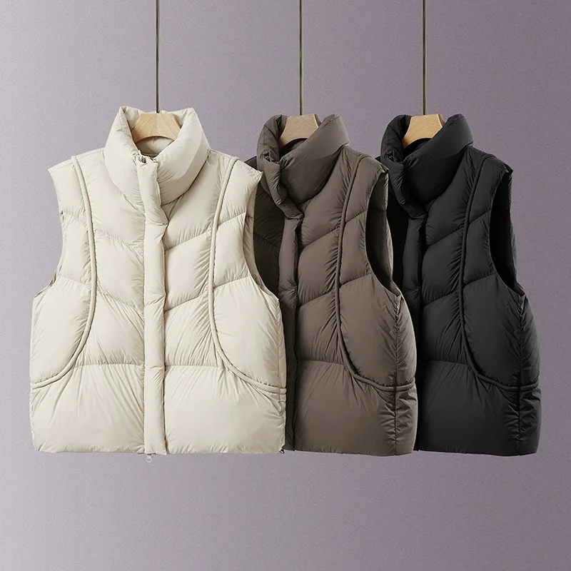 

Autumn Winter Stand Collar Curved Puff Down Vest Women White Duck Down Fluffy Warm Vests Female Double Zipper Waistcoat Outwears
