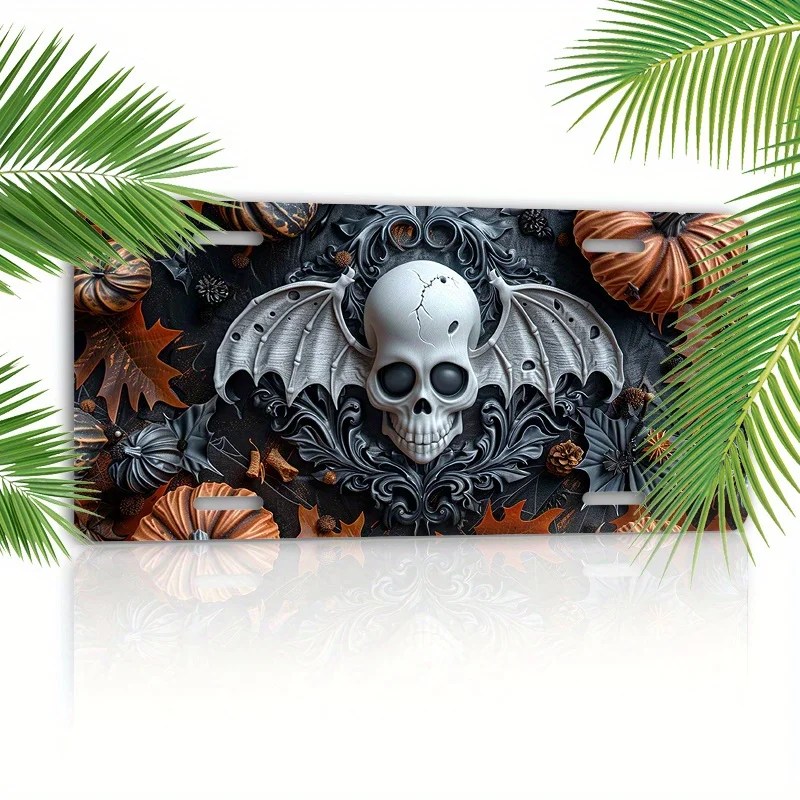 A Festive Halloween License Plate Cover: with Ghost and Wing Design - UV Ink Printing, Scratch-resistant, Non-fading Over Time