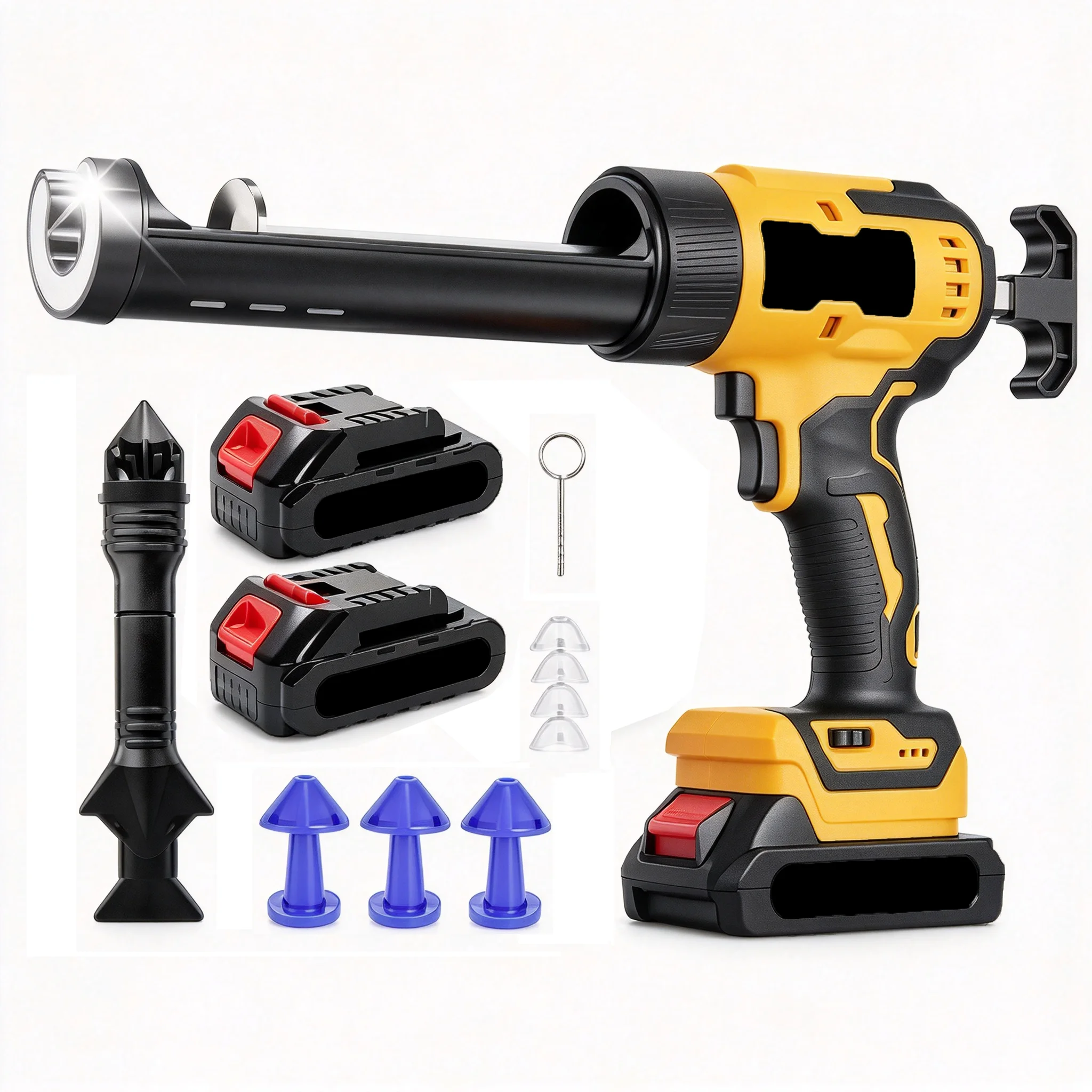Electric Silicone Gun with 6 Adjustable Speed, 2x2000mAh Batteries 300ML Cordless Caulking Gun with Caulk Remover Tool Kit, LED Light, Anti-Drip, for Sealing, Filling, Leak Proof, DIY