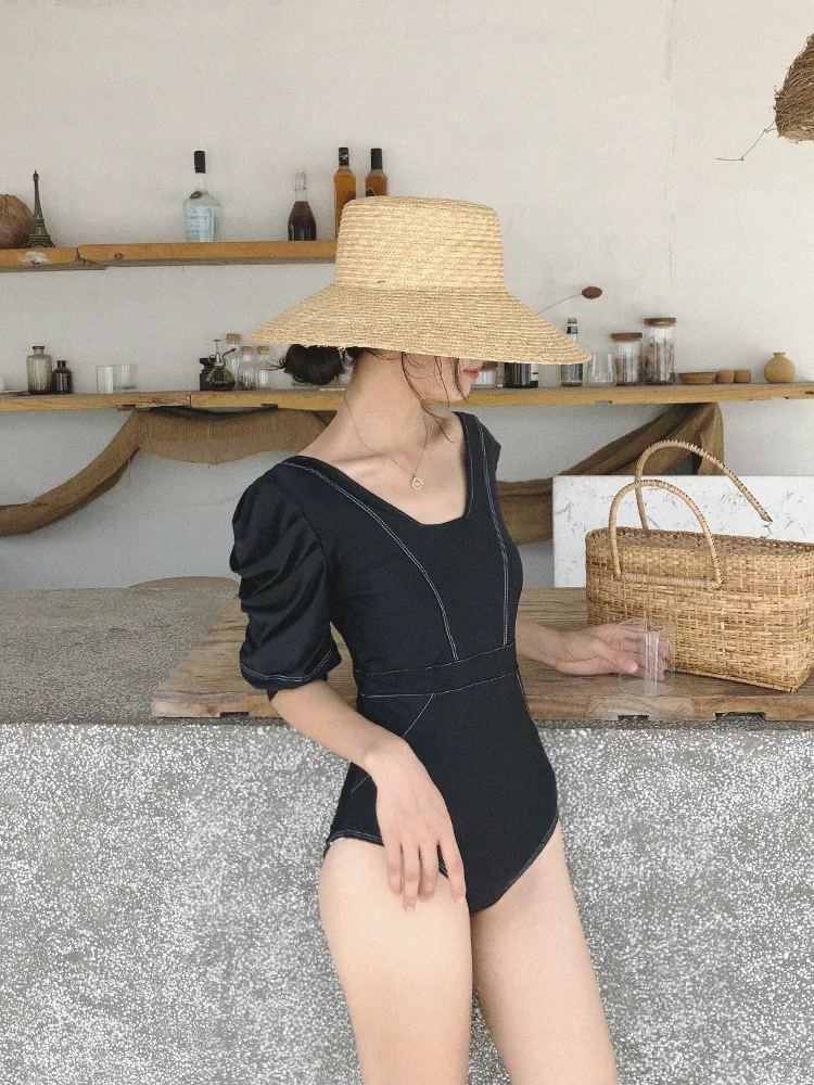 

Элегантный женский купальник с открытой спиной и рукавами-фонариками, черный, для отпуска, термальных источников, спа-курортов, повседневный