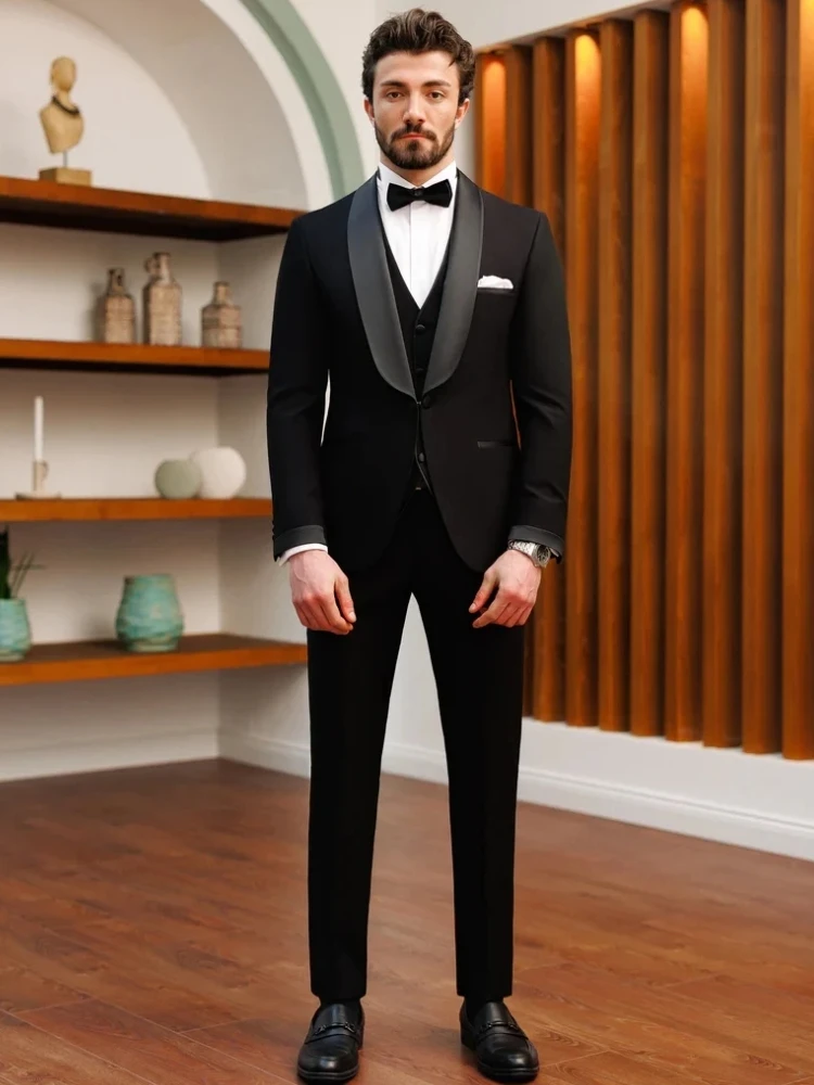 

Men Suit 3 Pieces Black Slim Business Casual For Wedding Groom Banquet Tuxedo Set Jacket Vest With Pants