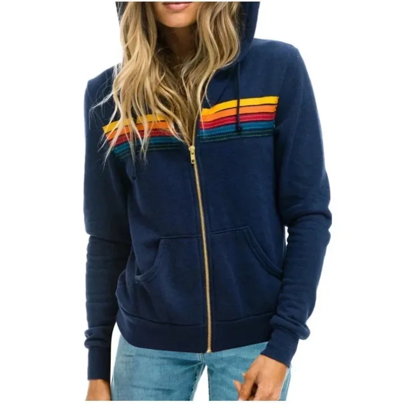 Sudadera con capucha de aviador para mujer, abrigo informal de manga larga con cremallera, 5 rayas, arcoíris, novedad de 2024