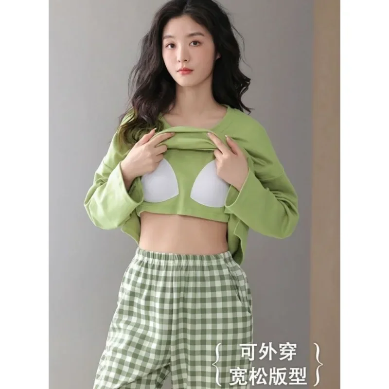 With Chest Cushion Women's Pajamas Set Cotton Long-sleeved Spring and Fall Fashion Casual Home Wear Sleepwear Two-piece Set