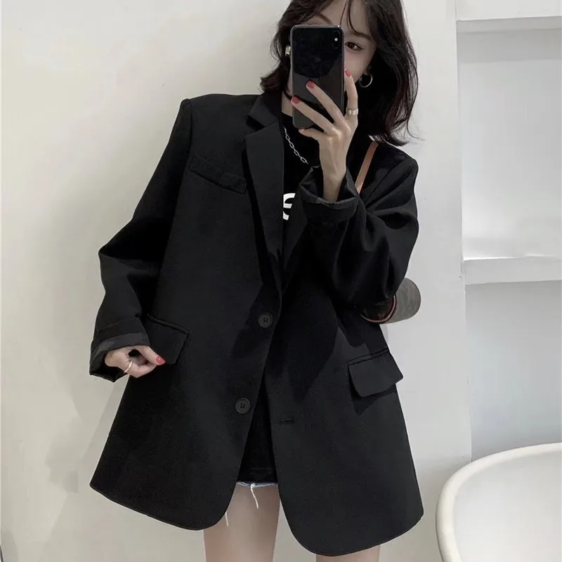 

Spring 2024 Women's Faion Loose Casual Jaets Coats Pure Color Versatile Long Sve Single Button Polyester