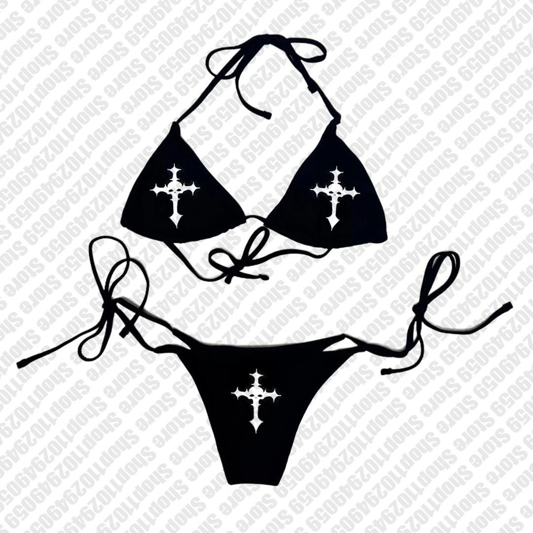 Y2k Swimsuit letter print Push-up Padded Bra Thong Two Pieces Swimwear Beachwear Bathing Suit Female 2000s Women Sexy Bikini Set