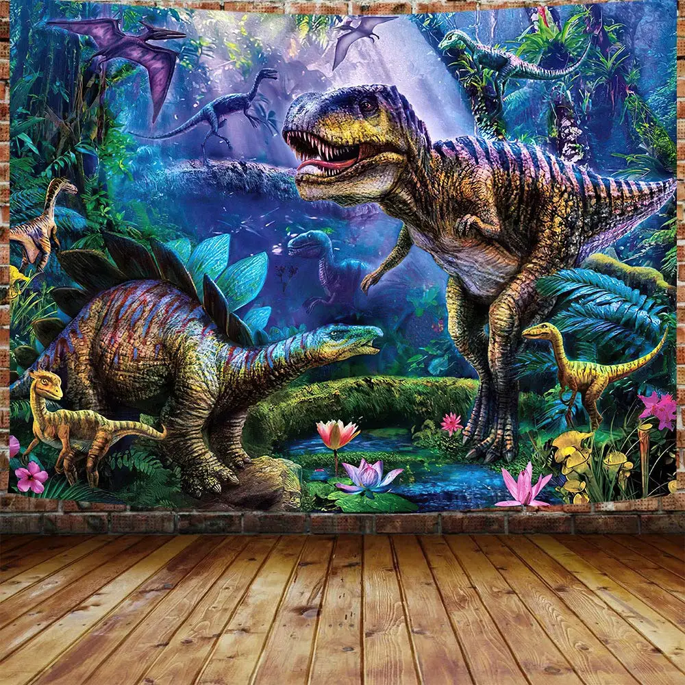 Dinosaur Tapestry Jurassic Wild Ancient Animals Wall Hanging Nature Forest Tapestries Dino Wall Blanket Cloth Boys Bedroom Decor