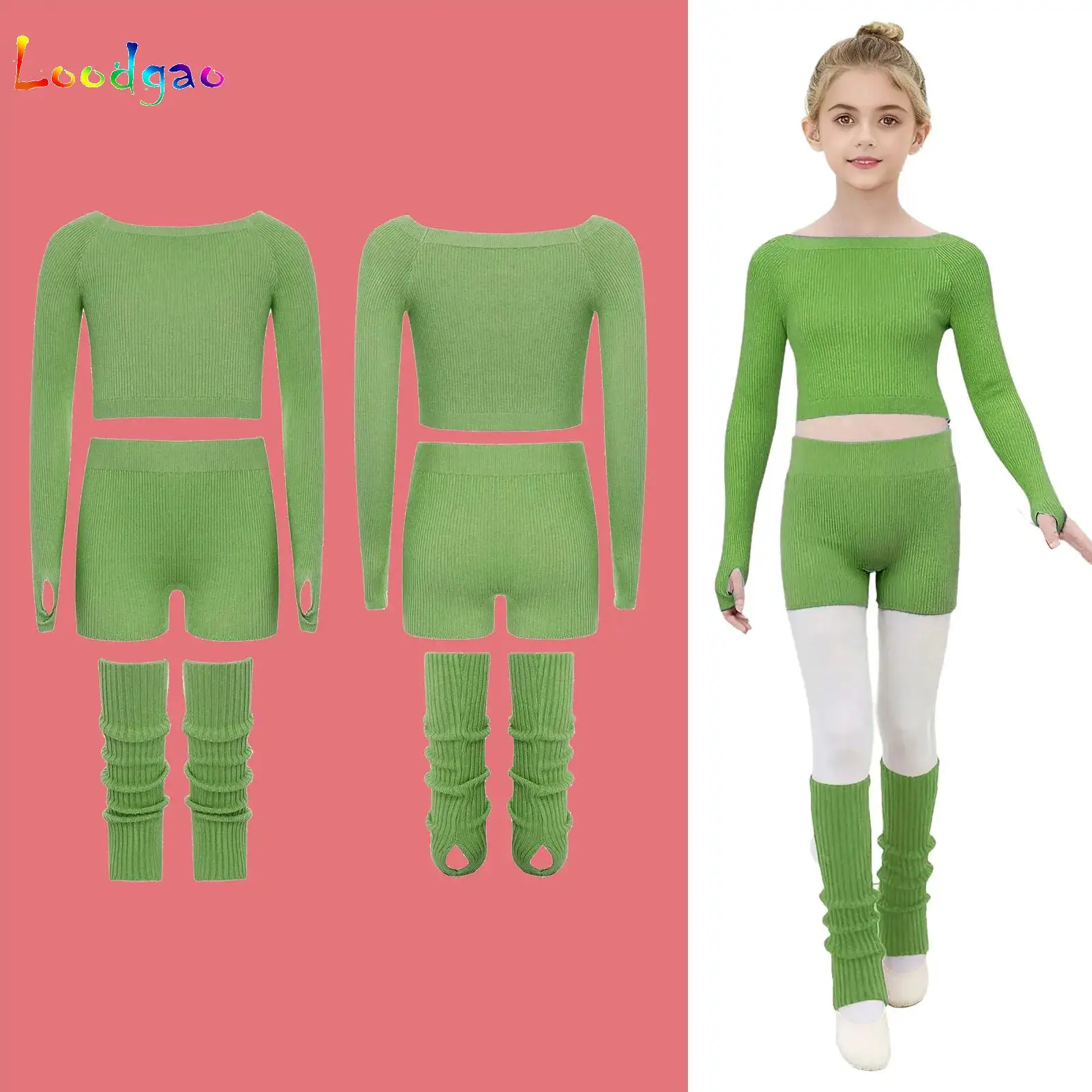 

Children Ballet Dance Sweater Set Girls Warm Exercise Clothes Dance Wear Knitted Leg Cover Long-sleeved Pullover Sweater Shorts