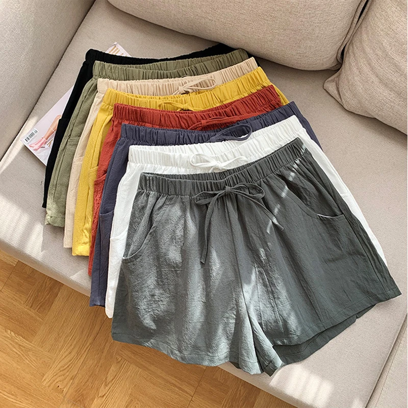 Korean Fashion Linen Shorts Women Cotton Workout Shorts Short Pants High Waisted Women Shorts Sport Femme Black Short Femme