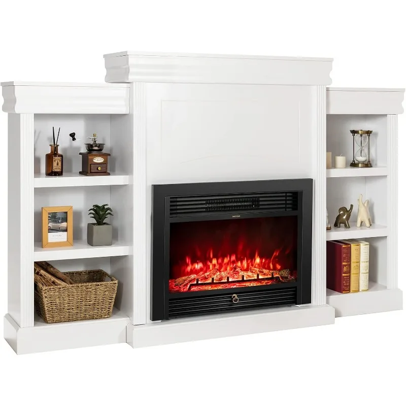 70 Inches Mantel Fireplace, 750W/1500W Electric Fireplace w/Mantel & Built-in Bookshelves, 28.5-Inch Electric Fireplace