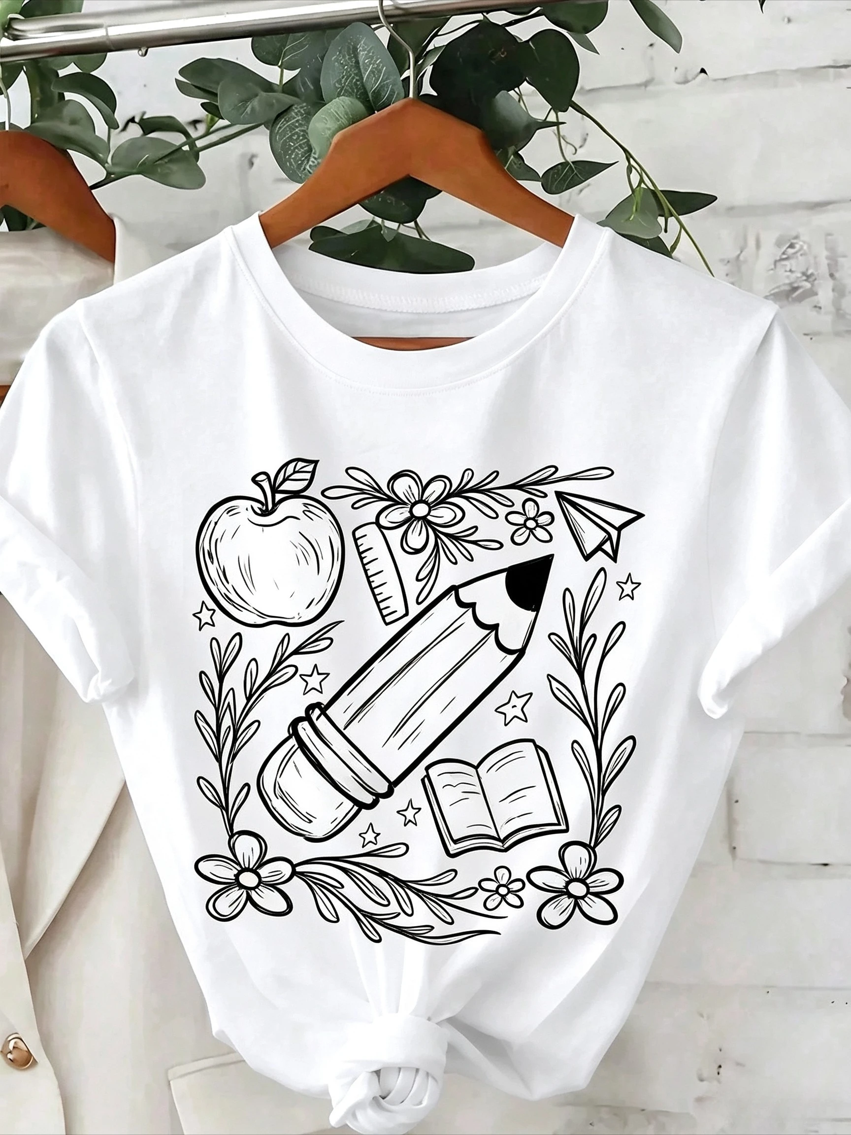 Creative Graphic T Shirt Women Casual Floral Pencil Apple Print Top Artistic School Style Short Sleeve Trendy Summer Outfit
