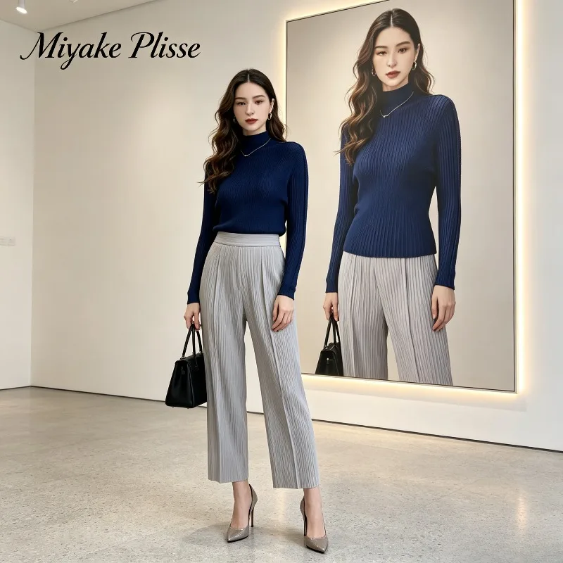 Miyake Pleated 2026 New Series Slim Fit Base Shirt for Women Autumn Winter Casual Half High Neck Corn Grain Stretch T-Shirt