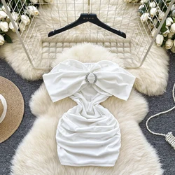Elegant Sleeveless Vintage Strapless Chic Three-dimensional Bow Slim Pleated Dresses French Evening High Street Summer Clothing