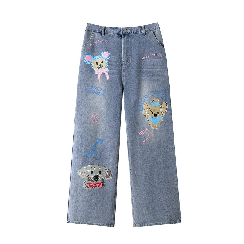 150Kg Plus Size Women\'s Hip 138 Spring Summer Jeans With Puppy Print Loose Elastic Straight Leg Pants Blue 5XL 6XL 7XL 8XL 9XL