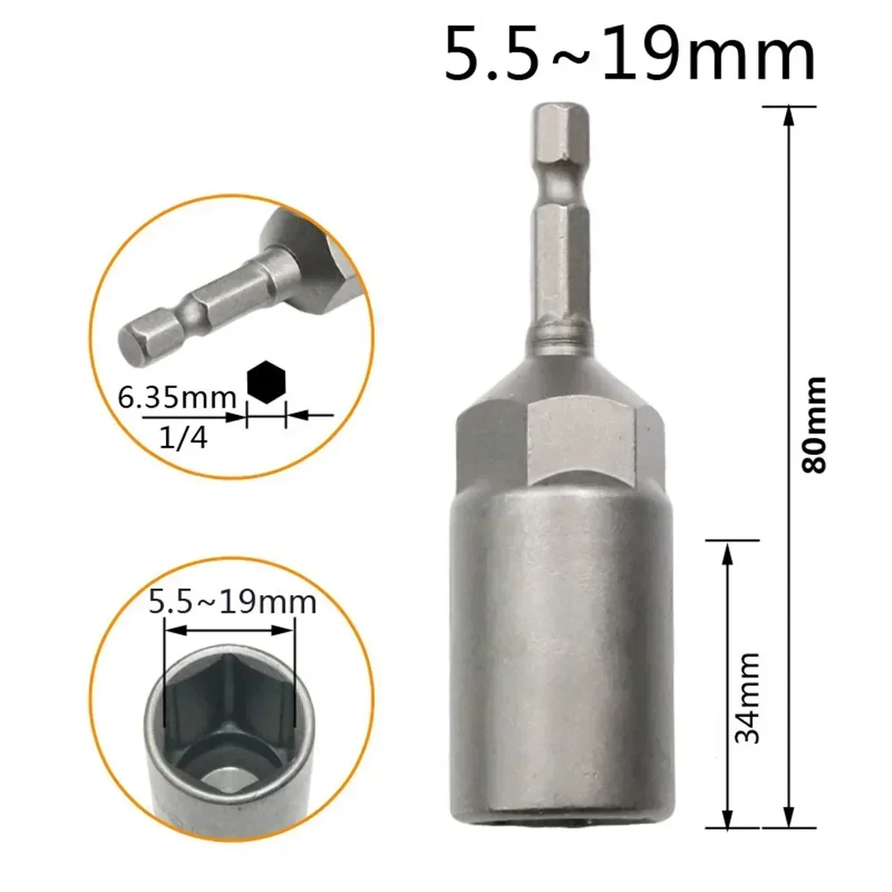 5.5-19mm Impact Socket Adapter 6.35Mm Hex Shank Quick Adapter 80mm Length Deepen Power Nut Driver Drill Bit Set  for Power Tools