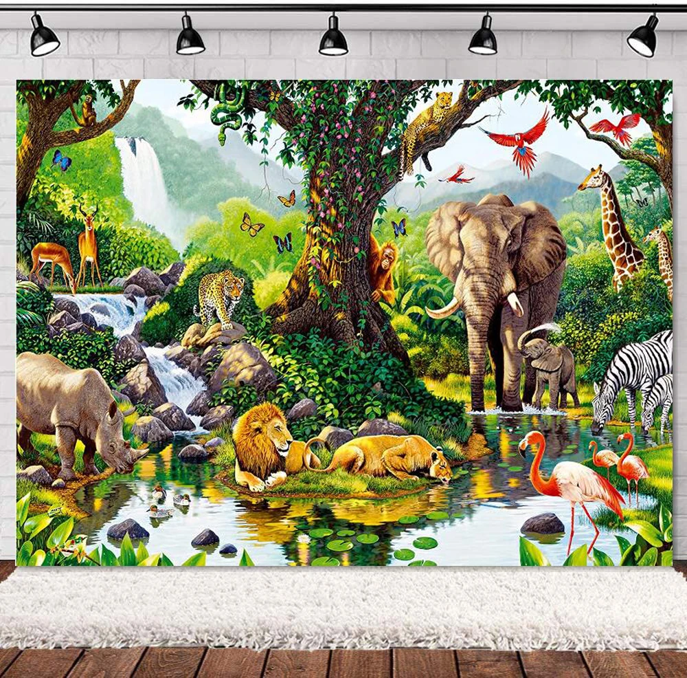 Photography Backdrop Tropical Rain Forest Animals Jungle Adventure Scenic  Large Banner Photo Studio Background Props Poster