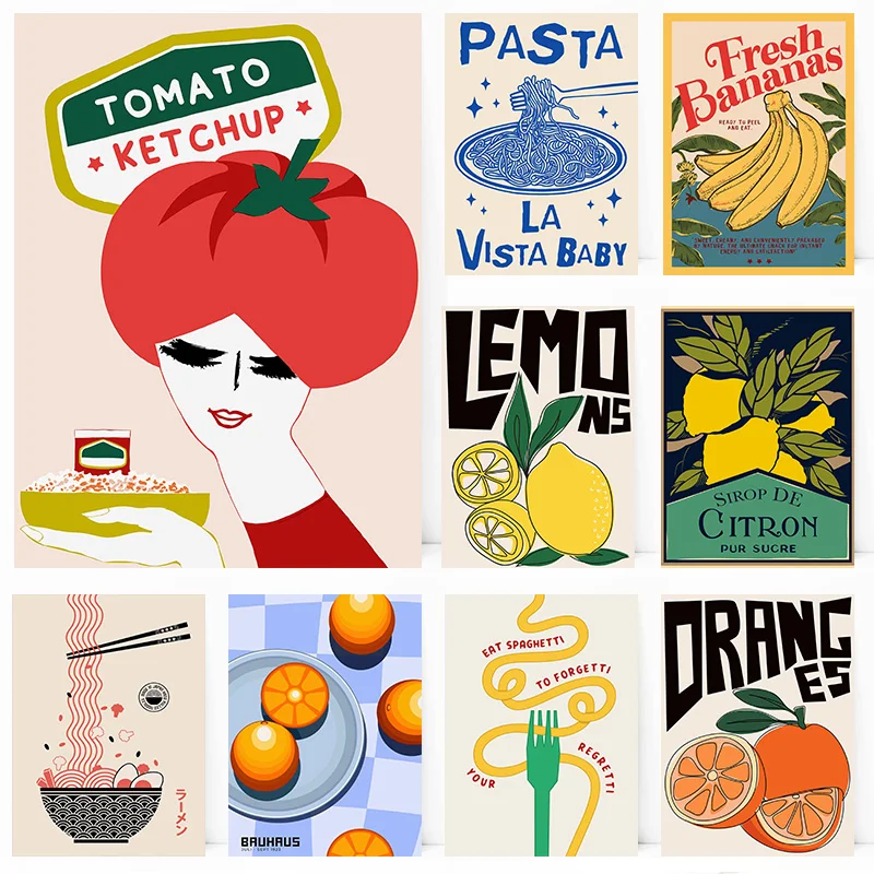 Trendiges Retro-Poster mit Bananen, Spaghetti, Orangen und Japanischem Ramen, Kunstdruck für Wanddekoration, Leinwandbild für Wohnzimmer und Heim-Deko