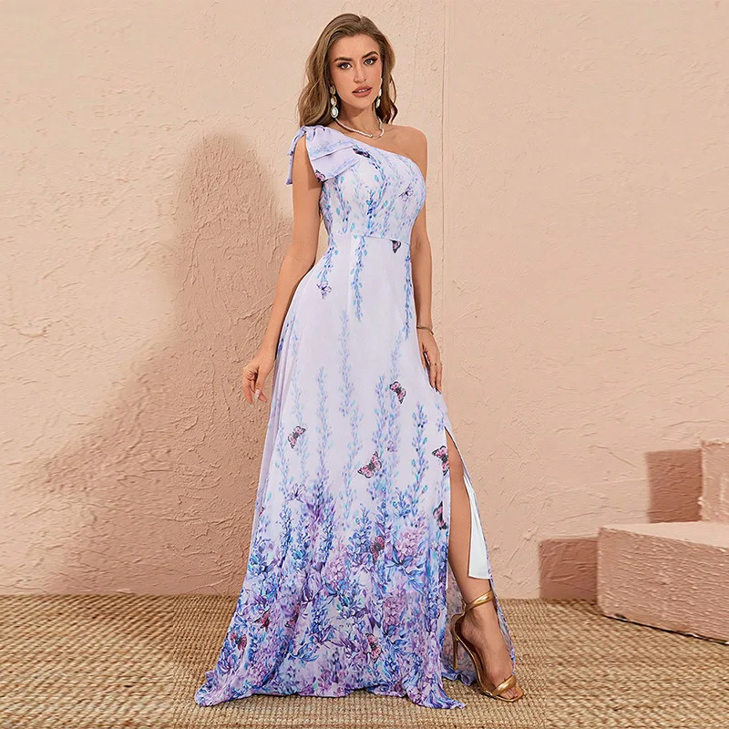 

Elegant and sexy one-shoulder dress, high split waist and off-the-shoulder evening dress, new simple temperament high-end women'