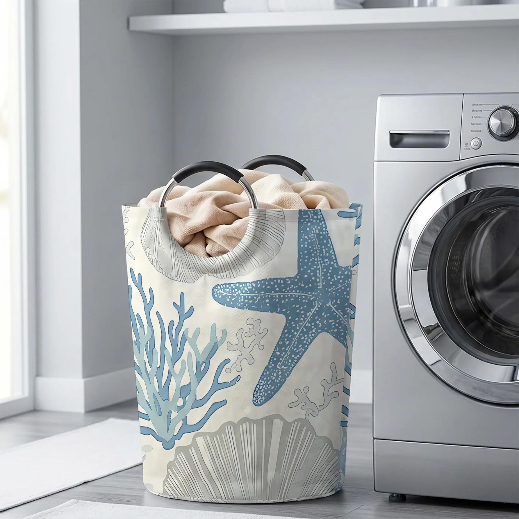 Ocean Starfish Coral Shell All‑Over Print Handheld Storage Basket, For Laundry, Bedroom & Home Sundries Storage