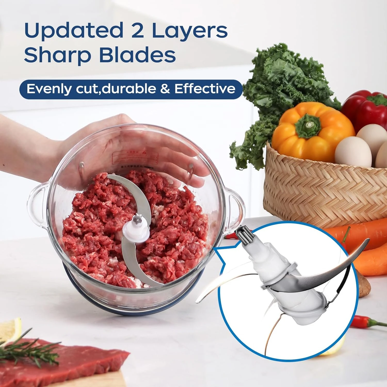 Food Processor, Food Chopper with 7-Cup (1.7L) Glass Bowl, 4 Bi-Level Blades for Chopping,Grinding,Mincing,Whisking,Meal Prep,30