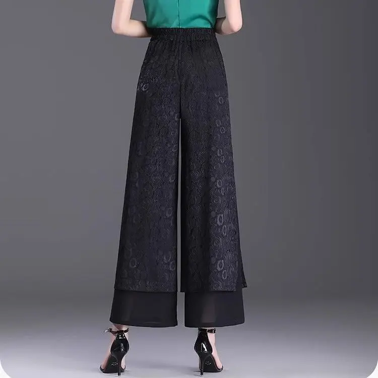 بنطلون نسائي واسع الساق بخصر مرتفع، رقيق للصيف من الحرير الصناعي، تصميم انسيابي نحيف مع شق، بنطلون كاجوال على الطراز الكوري ل...