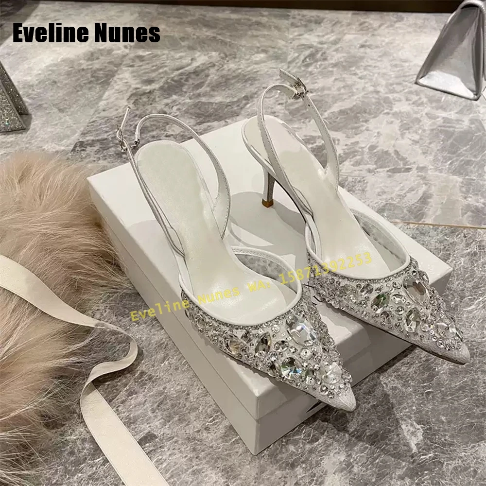 

White Gemstone Decoration Luxury Sandals Pointed Toe Thin Heels Slingback Buckle Strap Mesh Wedding Dress Pumps 2025 Summer