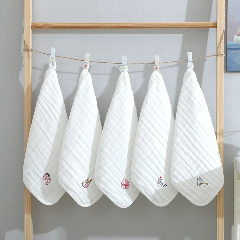

5 Pcs/Set Of 100% Cotton 6 Layer Gauze Embroidered Square Towels For Infants And Young Children Categorized As Baby Drool Towels