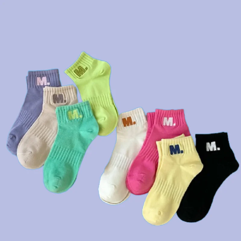 

8/16 Pairs Female Student Sports M Embroidery Small Combed Cotton Socks Spring and Summer Matching Women's Short White Socks