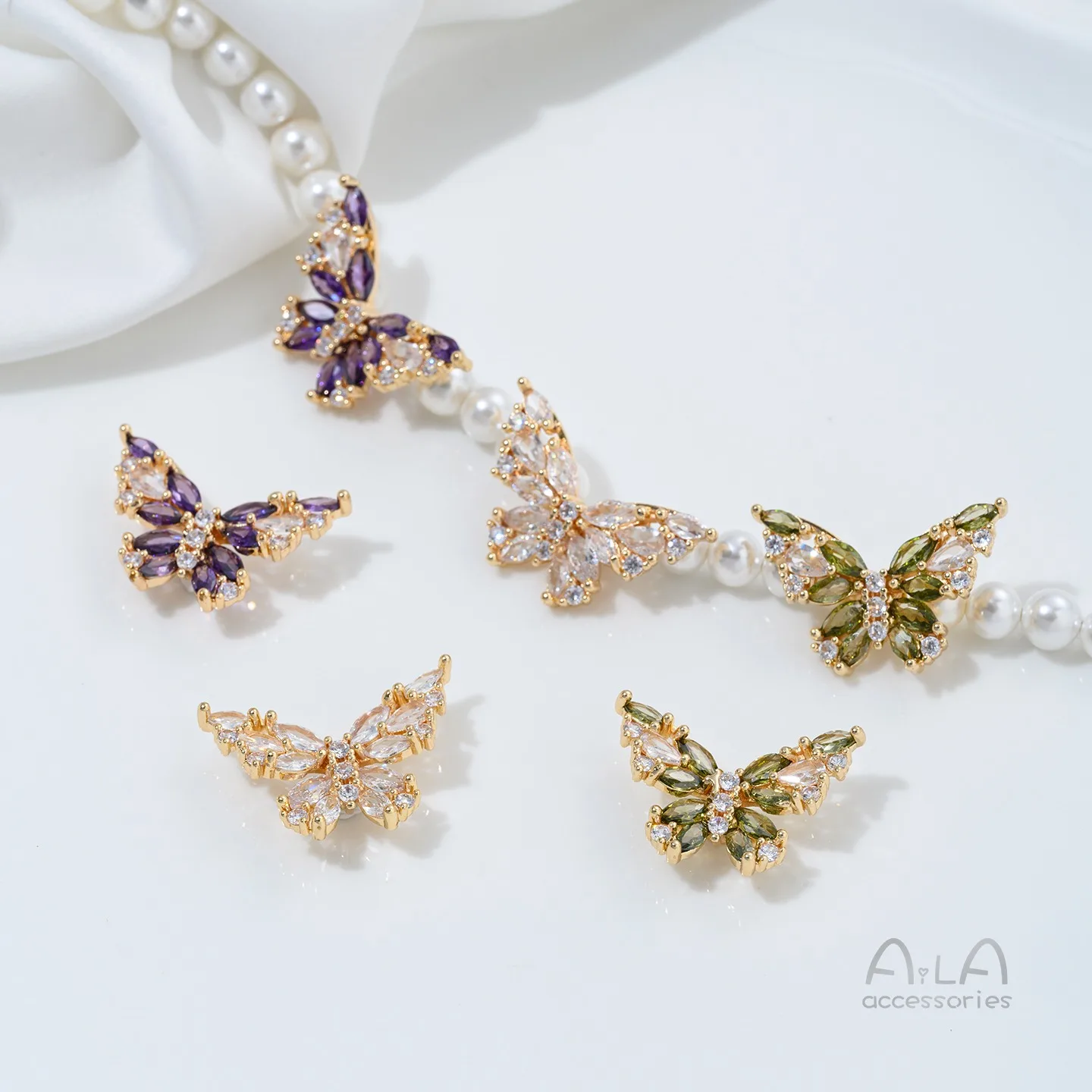 Z493 14K Gold Inlaid with Color Zirconium Butterfly Beads, Handcrafted Diy Crystal String Pearl Bracelet Accessory Material