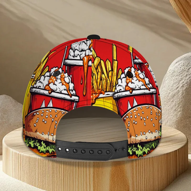Customization 1pc Fast Food Feast Print Adjustable Duckbill Hat - Lightweight Baseball Cap With Snap Closure, Iconic Burgers & F