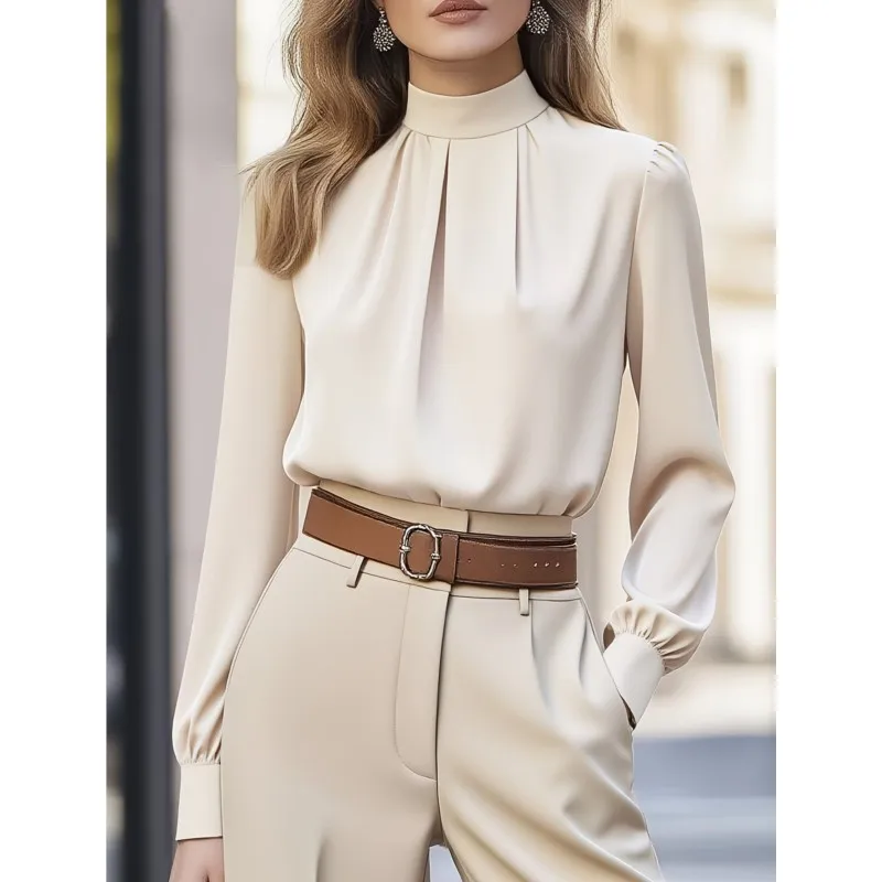 Elegante Langarm-Bluse für Damen mit Hohem Kragen, Plissiertes Slim-Fit Hemd, Reguläre Oberteile für Frühling und Herbst, Passendes Set für Büro und Beruf