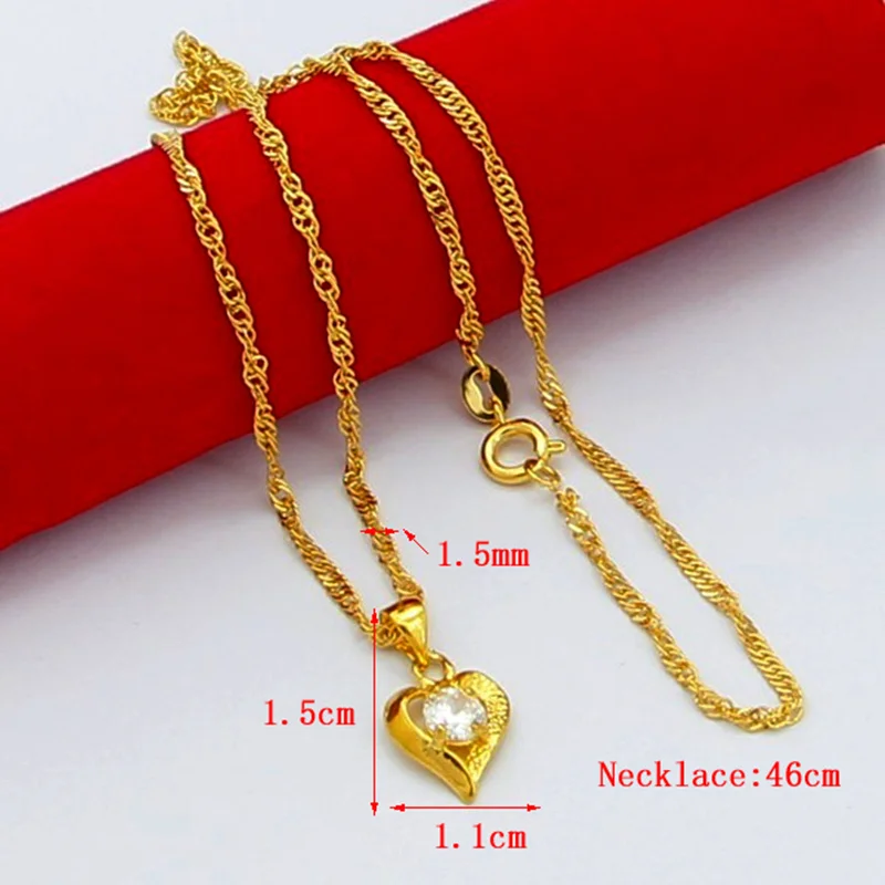 Genuine 24k Gold Necklace Zircon Heart Pendant Water Ripple Chain  Electroplating Gold Jewelry Wedding Gifts for Women