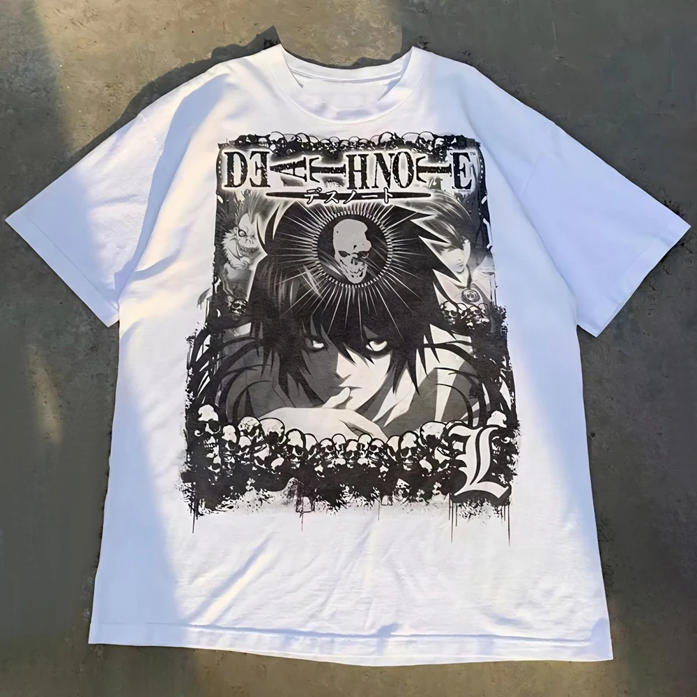 2024 Spring And Summer New Style Mens Cotton T-Shirt Japanese Anime Pattern Print Hip-Hop Y2k Street Casual Round Neck White Top