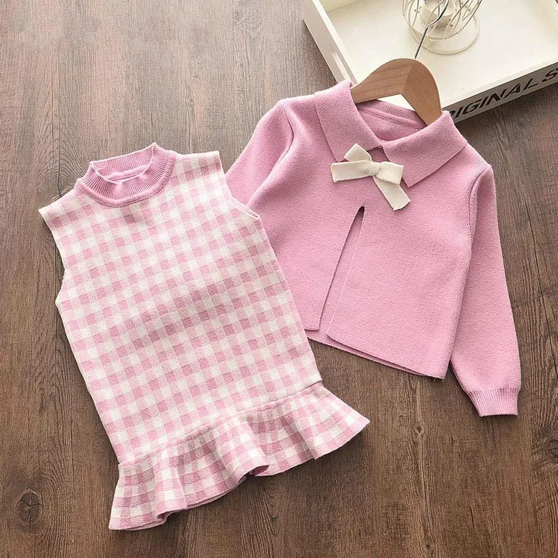 

Baby Girl Clothing Set Cute Bow Sweaters Plaid Dress Girls Elegant Clothes Sets Party Birthday Wear Kids Clothing