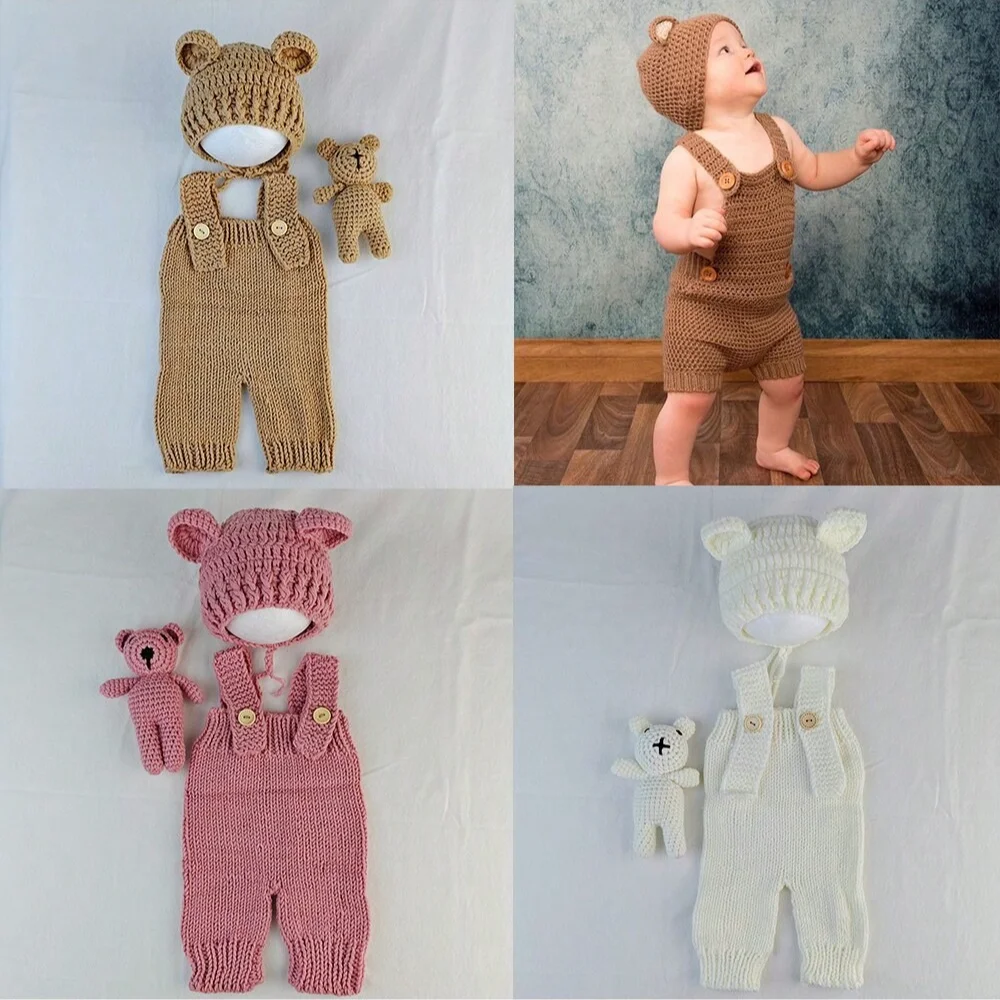 Newborn Photography Props 3pcs Set Cute Bear Costume Hand Knitted Romper Hat and Bear Doll Baby Photo Shoot Outfits