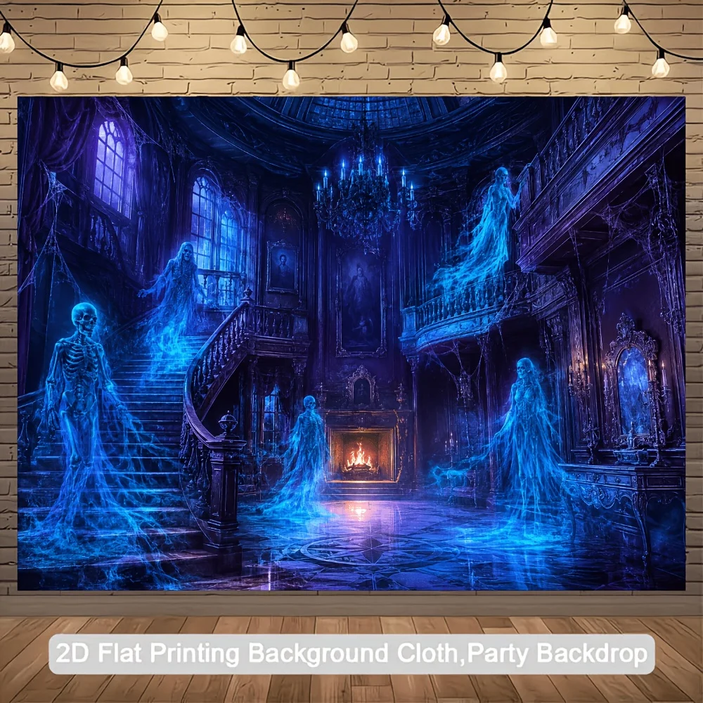1pc Haunted Mansion Blue Ghosts Skeleton Staircase Halloween 2D Flat Tapestry Backdrop For Party Decor Spooky Wall Hanging Art
