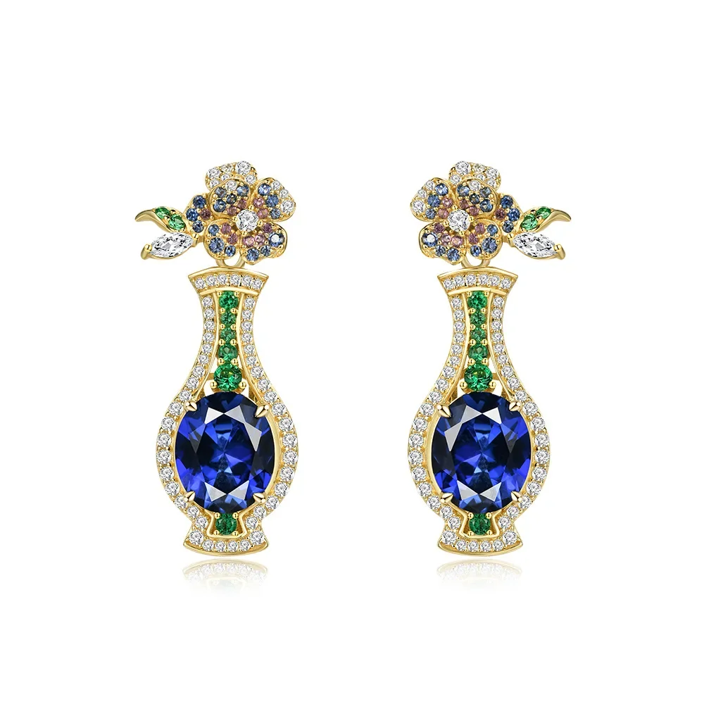 

New S925 Silver 4.5 Carat Egg shaped 9 * 11 Blue Treasure Earrings European and American Trendy Earrings marry Jewelry
