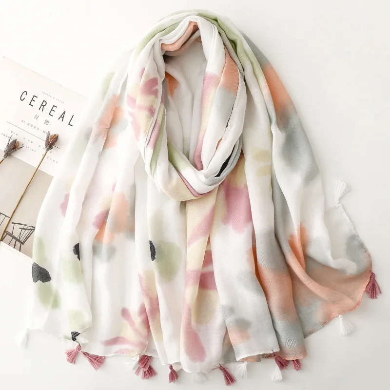 

2025 Fashion New Women Cotton Ombre Flower Pattern Tassel Scarf Shawls Soft Floral Wraps Hijab Wholesale 10pcs/LOT 2 Color