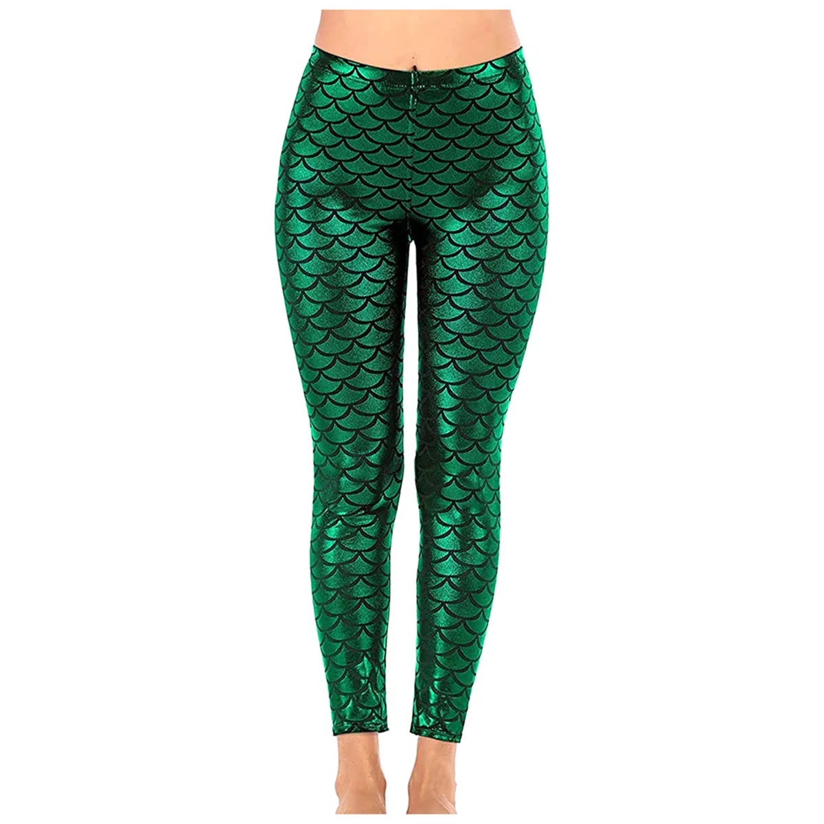 Women'S Mermaid Legging in Shiny Green Fish Scale Design High Waisted Stretch Pants for Casual and Party Wear-XXL