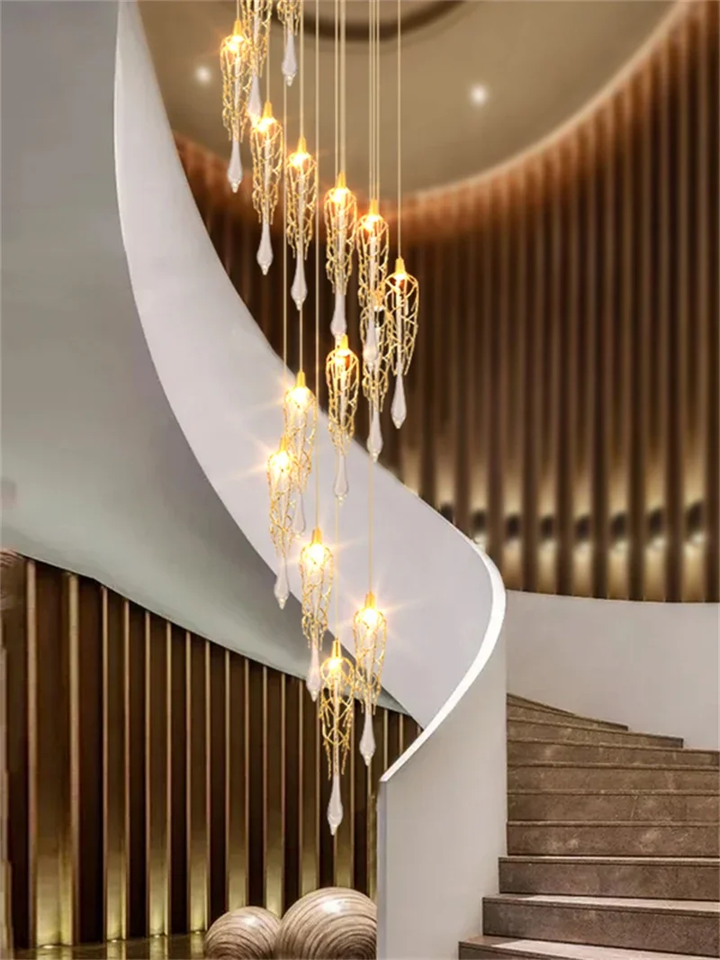 Candelabro LED de Cristal de ramas modernas para escalera, lámparas colgantes de Arte largo de Cristal de lujo, accesorios de iluminación grandes para interiores en espiral