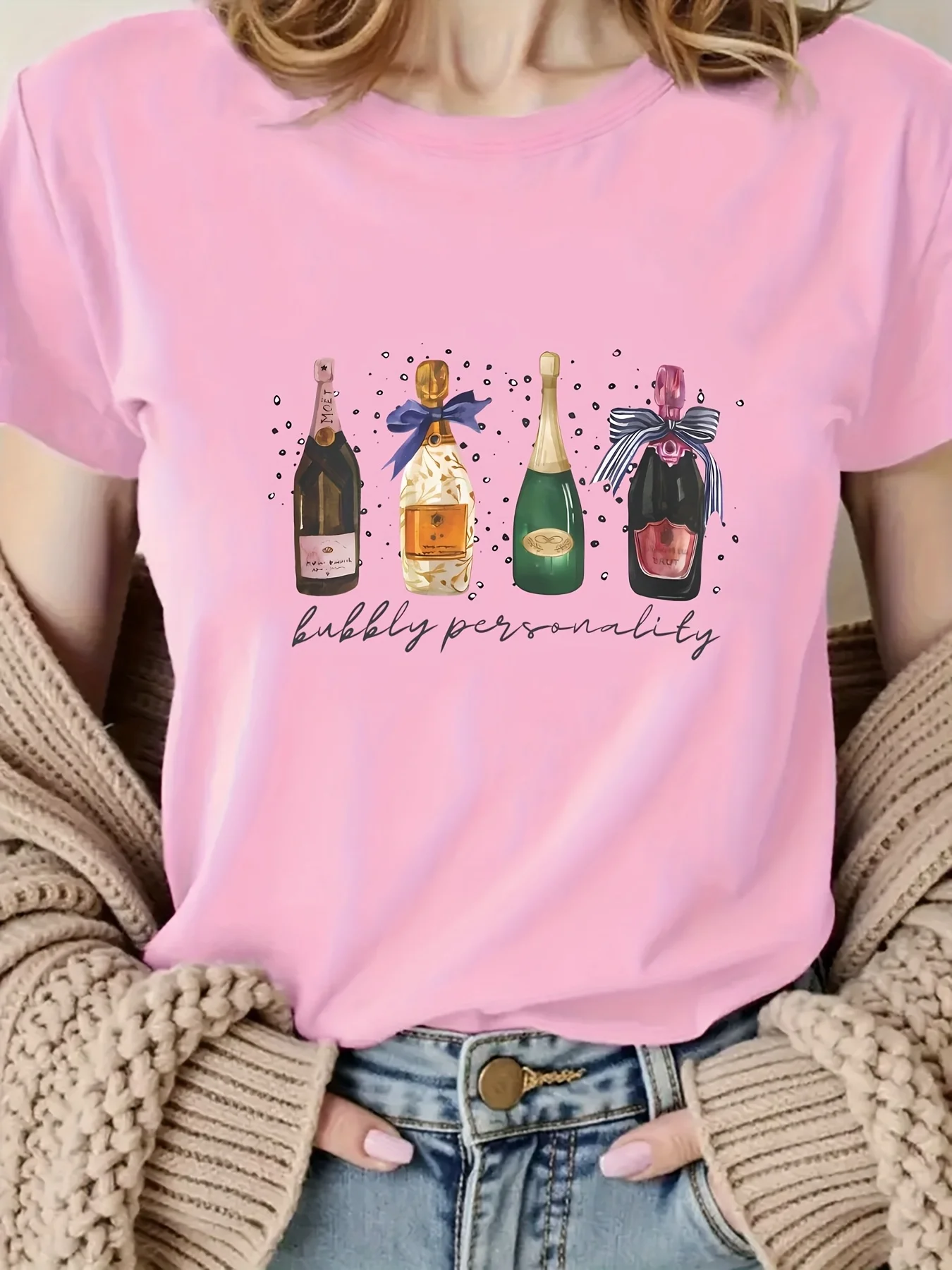 T-Shirt imprimé Champagne de dessin animé à la mode pour femmes, vêtements esthétiques décontractés à manches courtes, Design «Bubbly Personality» Harajuku