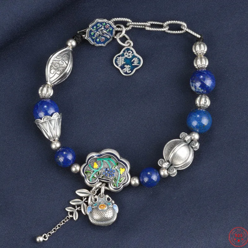 

S925 Sterling Silver Bracelets for Women Cloisonne RuYi Luck Lock Emboss Flowers Inlaid Lapis Hand String Jewelry Wholesale