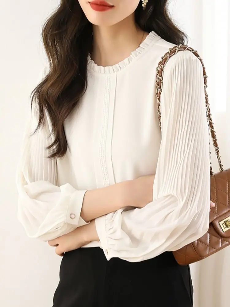 Spring And Autumn Long Sleeved Top 2023 New Women's Chiffon White Shirt Women's Design Sense Commuter Bubble Sleeves